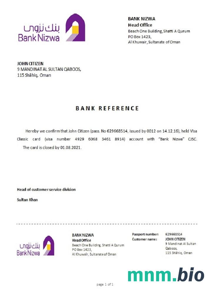Przykład odniesienia zamknięcia Oman Nizwa w formatach Word i PDF